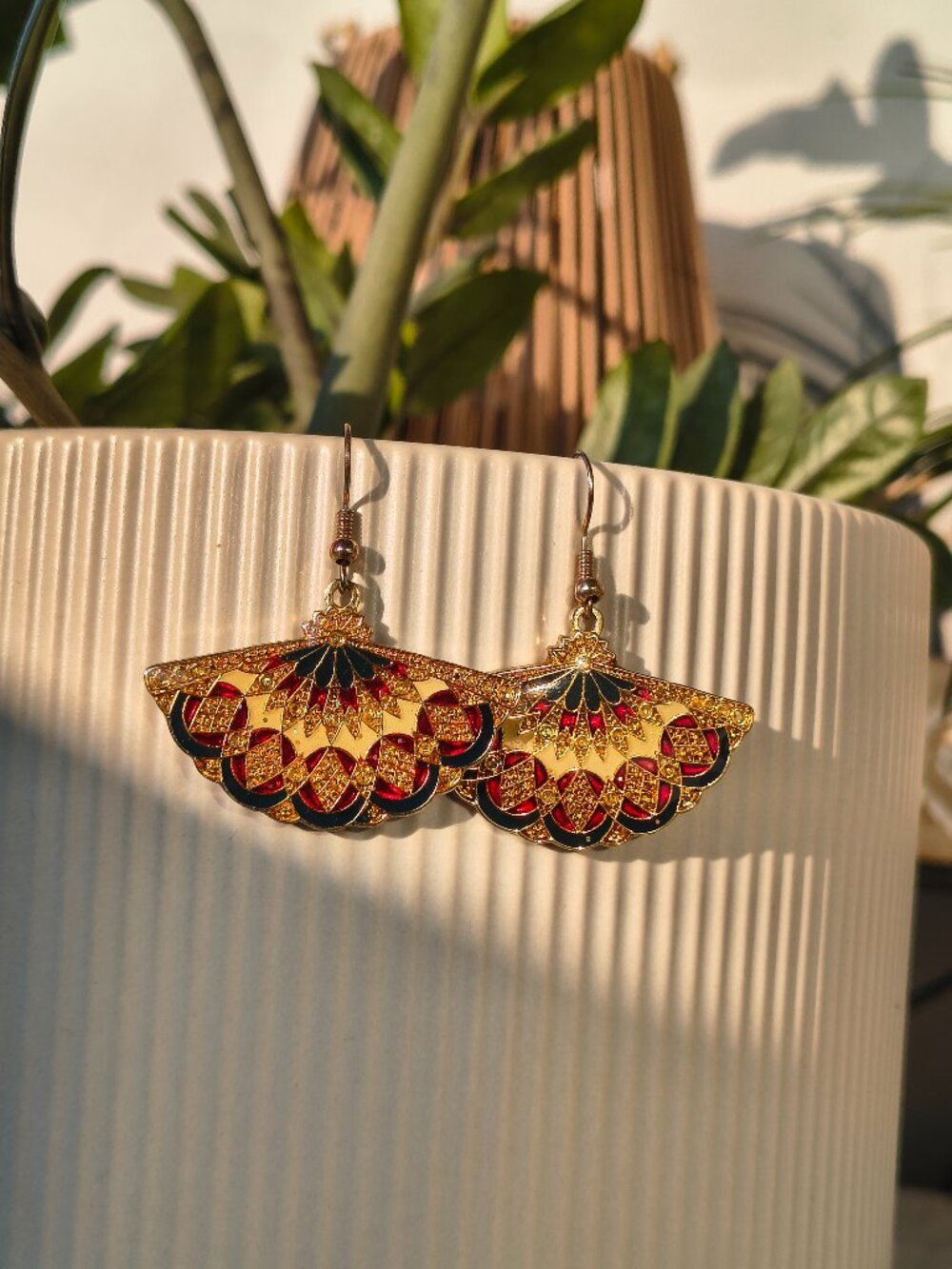 Vintage Gold Enamel Folding Fan Statement Earrings Boho Chic 1980-1990